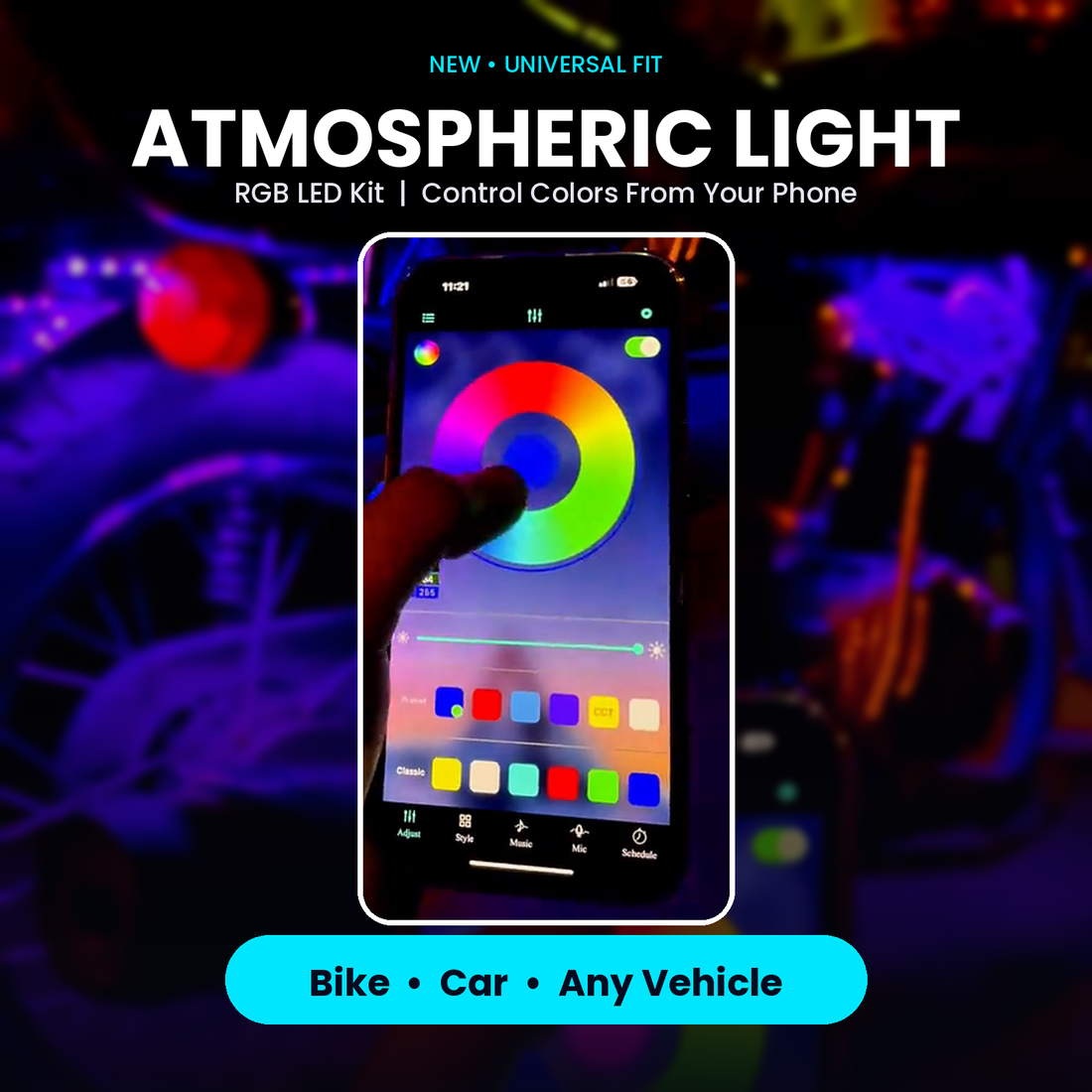 Atmospheric Light – Universal RGB LED Strip Kit with Mobile App Control (Bike & Car)